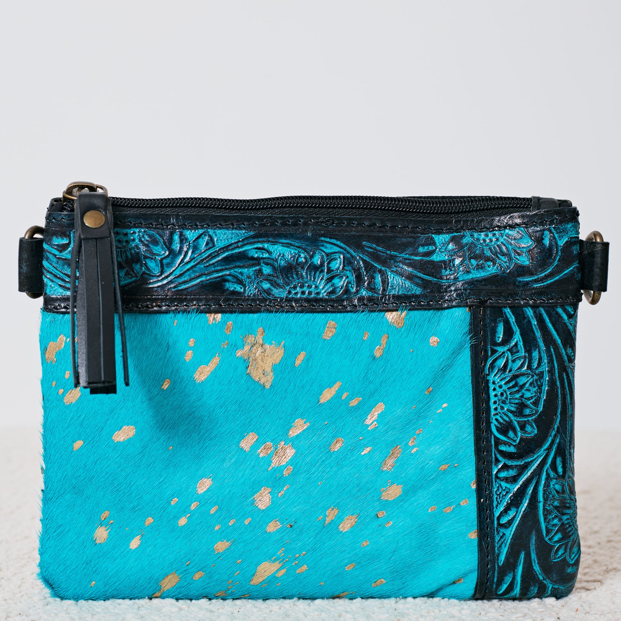 Sac à main western en cuir véritable – Turquoise Gold Acid Wash