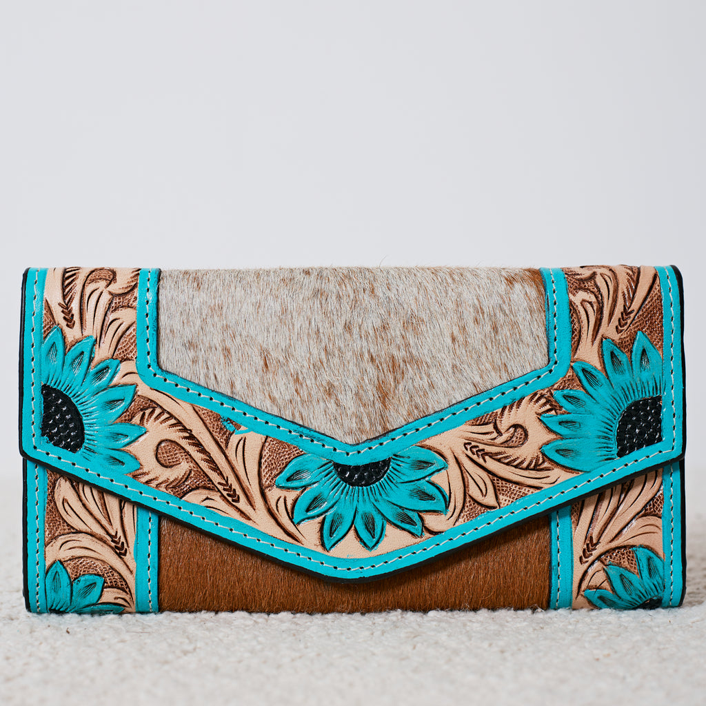 Portefeuille Western en cuir véritable et peau de vache – Turquoise Floral Cowhide