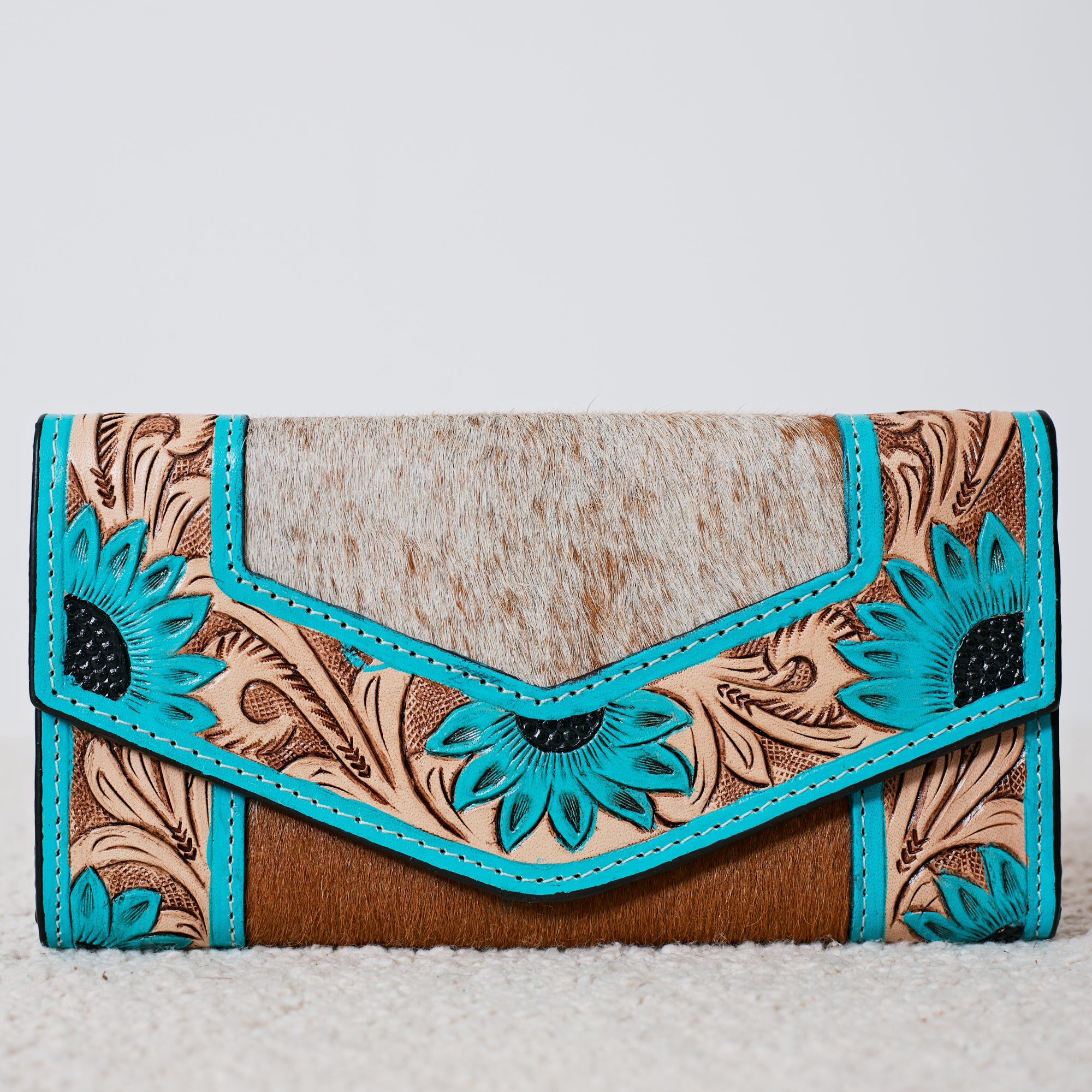 Portefeuille Western en cuir véritable et peau de vache – Turquoise Floral Cowhide