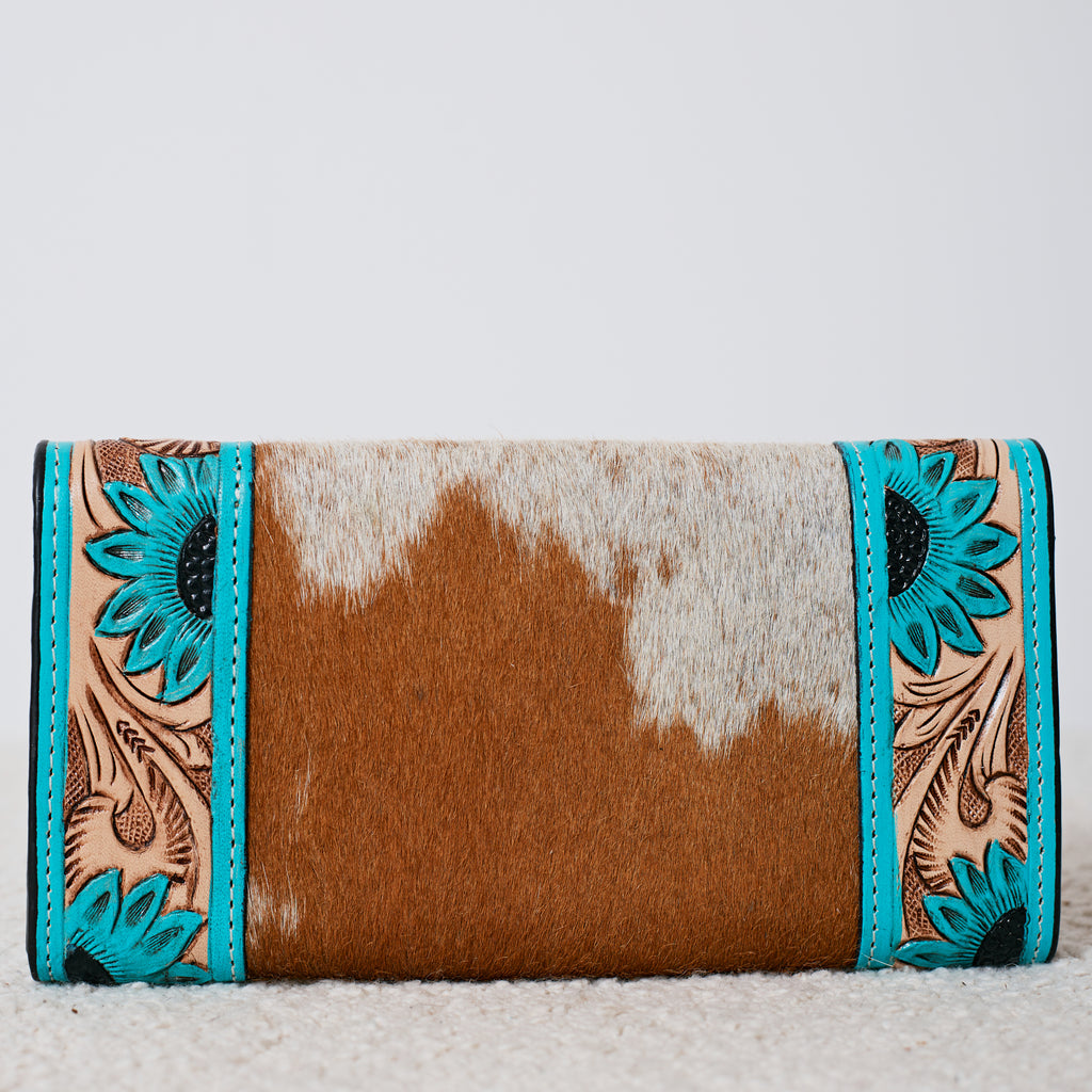 Portefeuille Western en cuir véritable et peau de vache – Turquoise Floral Cowhide