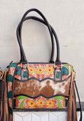 Sac à main western floral en cuir et peau de vache