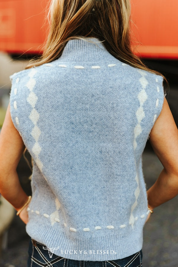 Débardeur tricot western « Cowboy boot » bleu pâle
