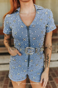 Combinaison-short « Light Wash Rhinestone » denim pâle