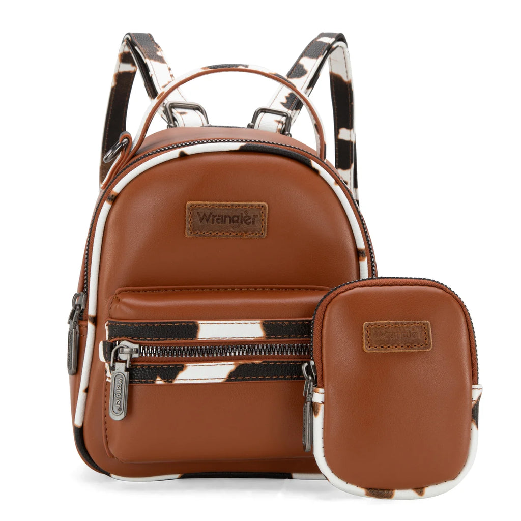 Mini sac à dos Wrangler imprimé vache avec porte-monnaie – Brun