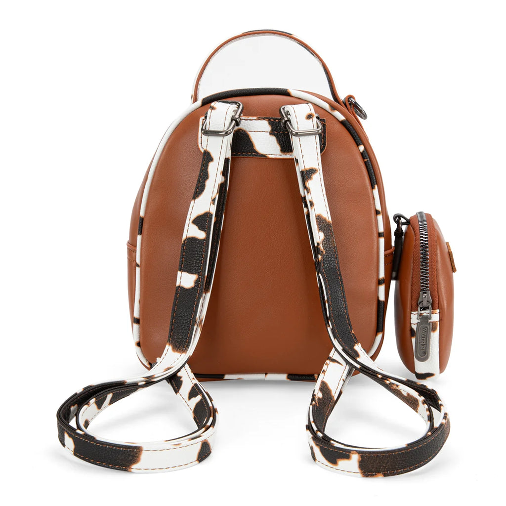 Mini sac à dos Wrangler imprimé vache avec porte-monnaie – Brun
