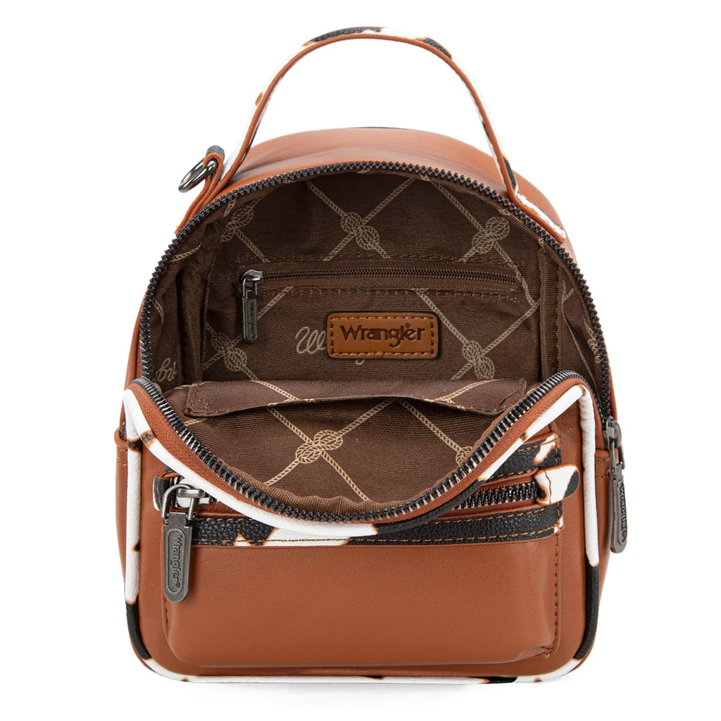 Mini sac à dos Wrangler imprimé vache avec porte-monnaie – Brun