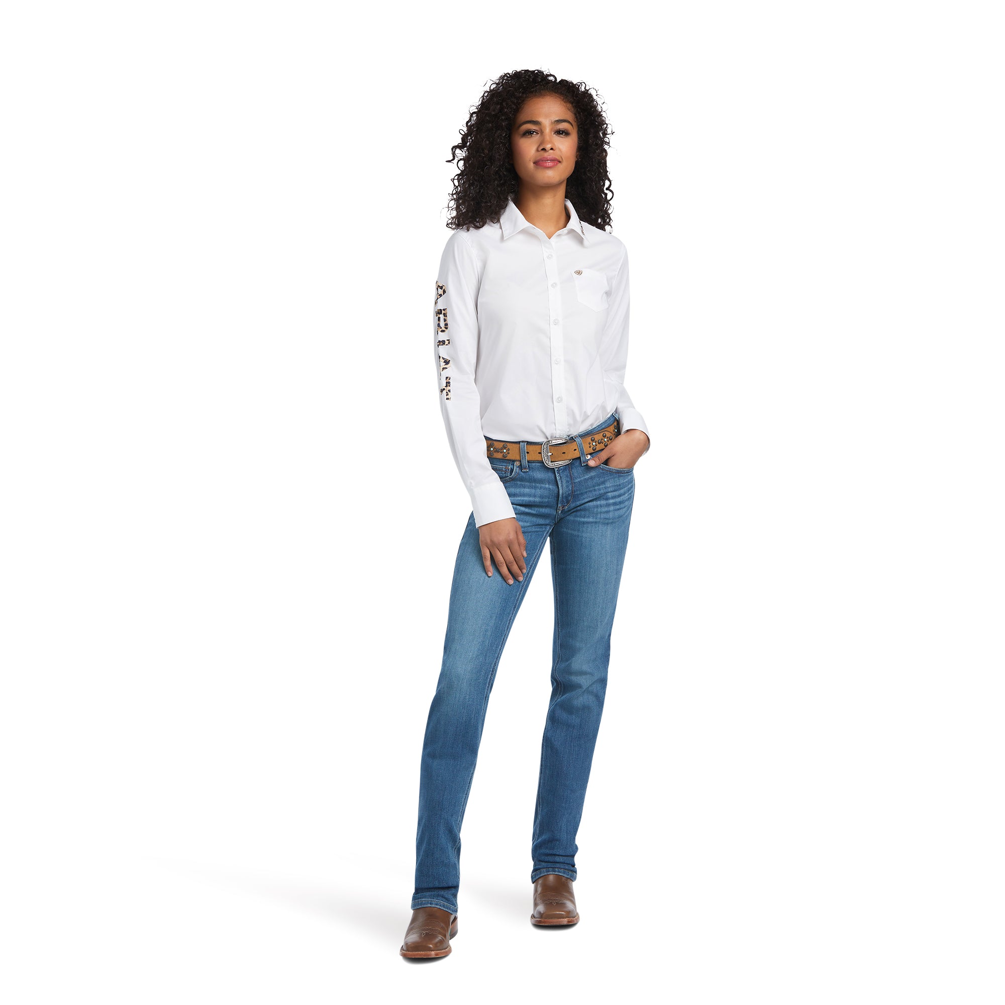 Chemise Ariat Femme – Team Kirby Stretch White logo leopard