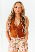 Haut corset western en suédine camel à lacets