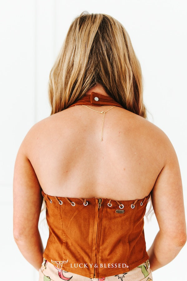 Haut corset western en suédine camel à lacets