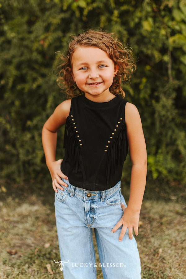 Haut western à franges pour fille – Noir