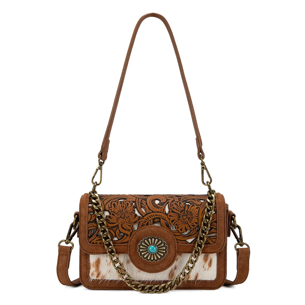Sac bandoulière Trinity Ranch en poil de vache floral – Brun