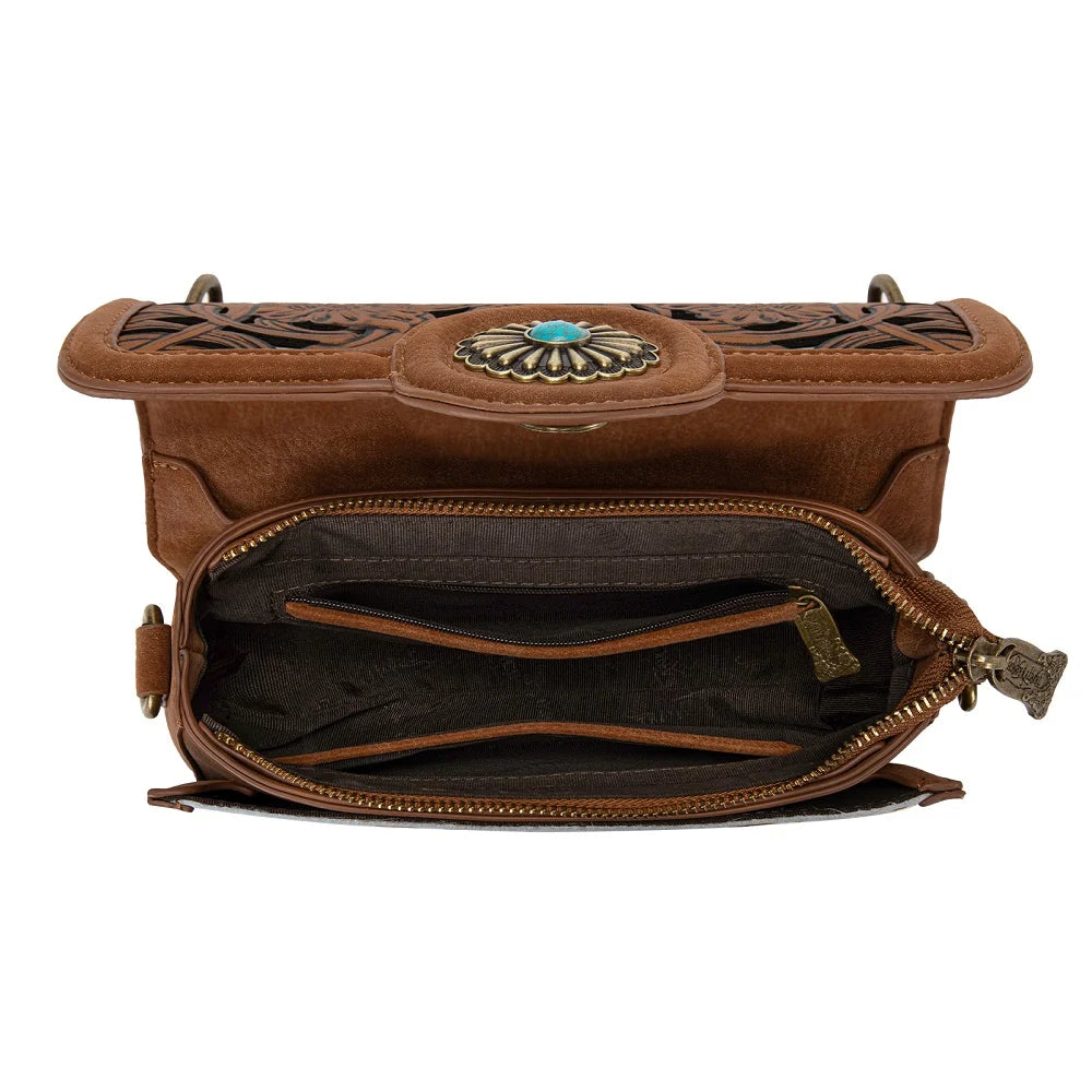 Sac bandoulière Trinity Ranch en poil de vache floral – Brun