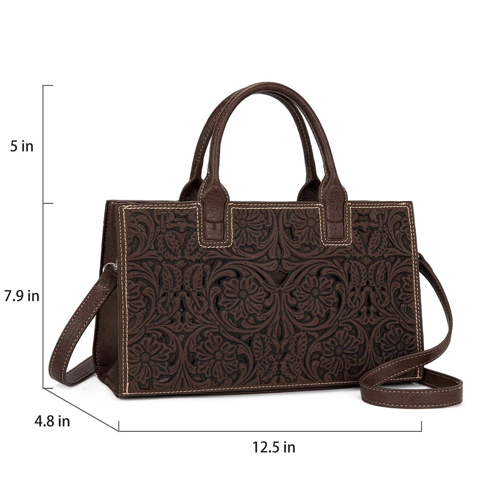 Sac fourre-tout Trinity Ranch en cuir floral repoussé – Café