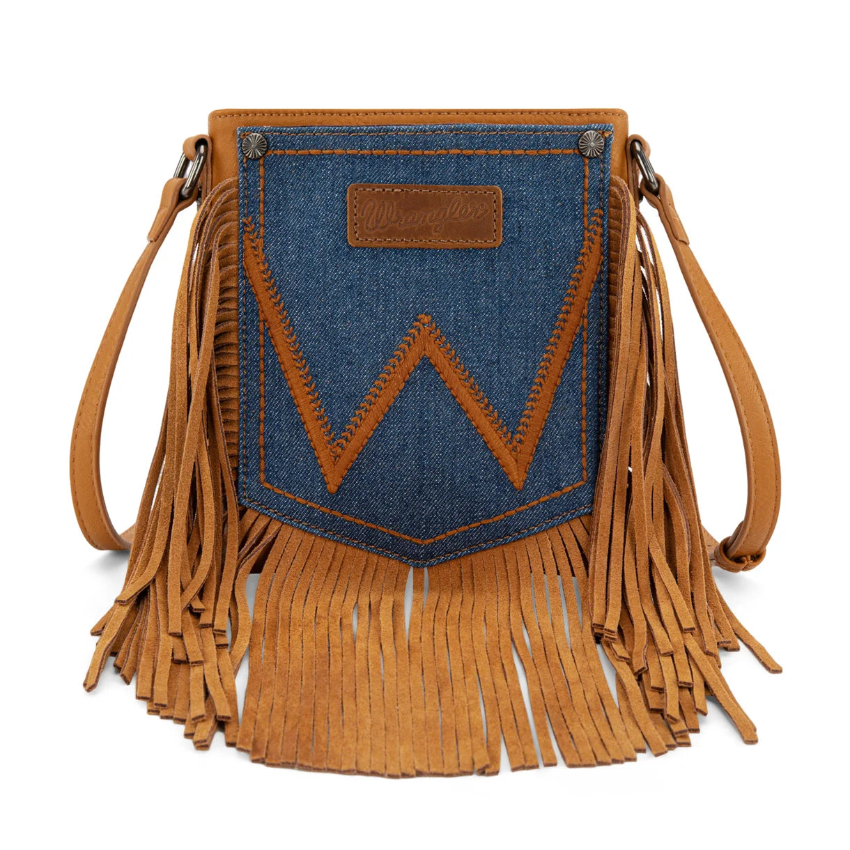 Sac bandoulière Wrangler en denim à franges – Brun pâle