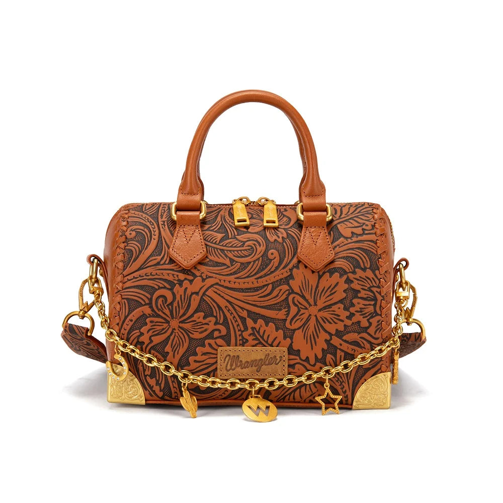 Sac Boston Wrangler en cuir floral repoussé – Brun