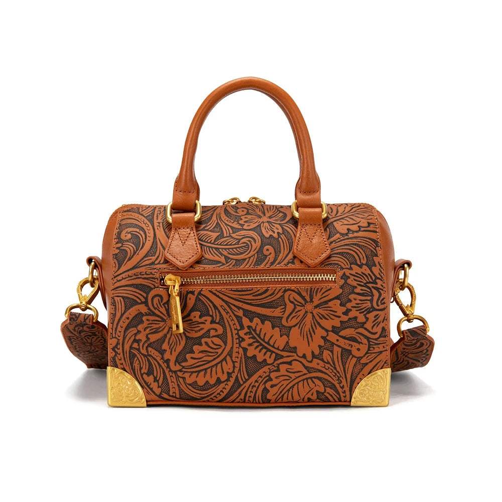 Sac Boston Wrangler en cuir floral repoussé – Brun