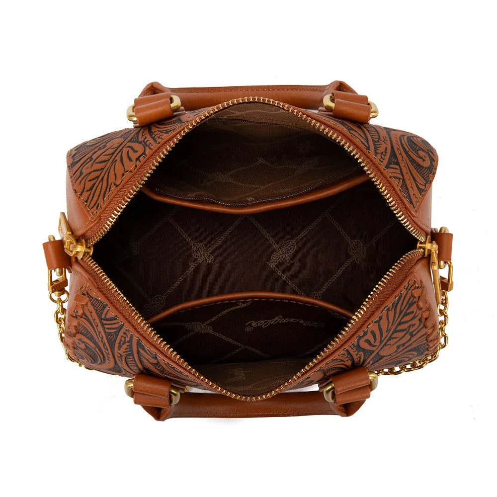 Sac Boston Wrangler en cuir floral repoussé – Brun