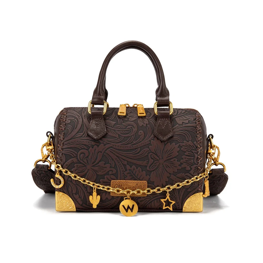 Sac Boston Wrangler en cuir floral repoussé – Café