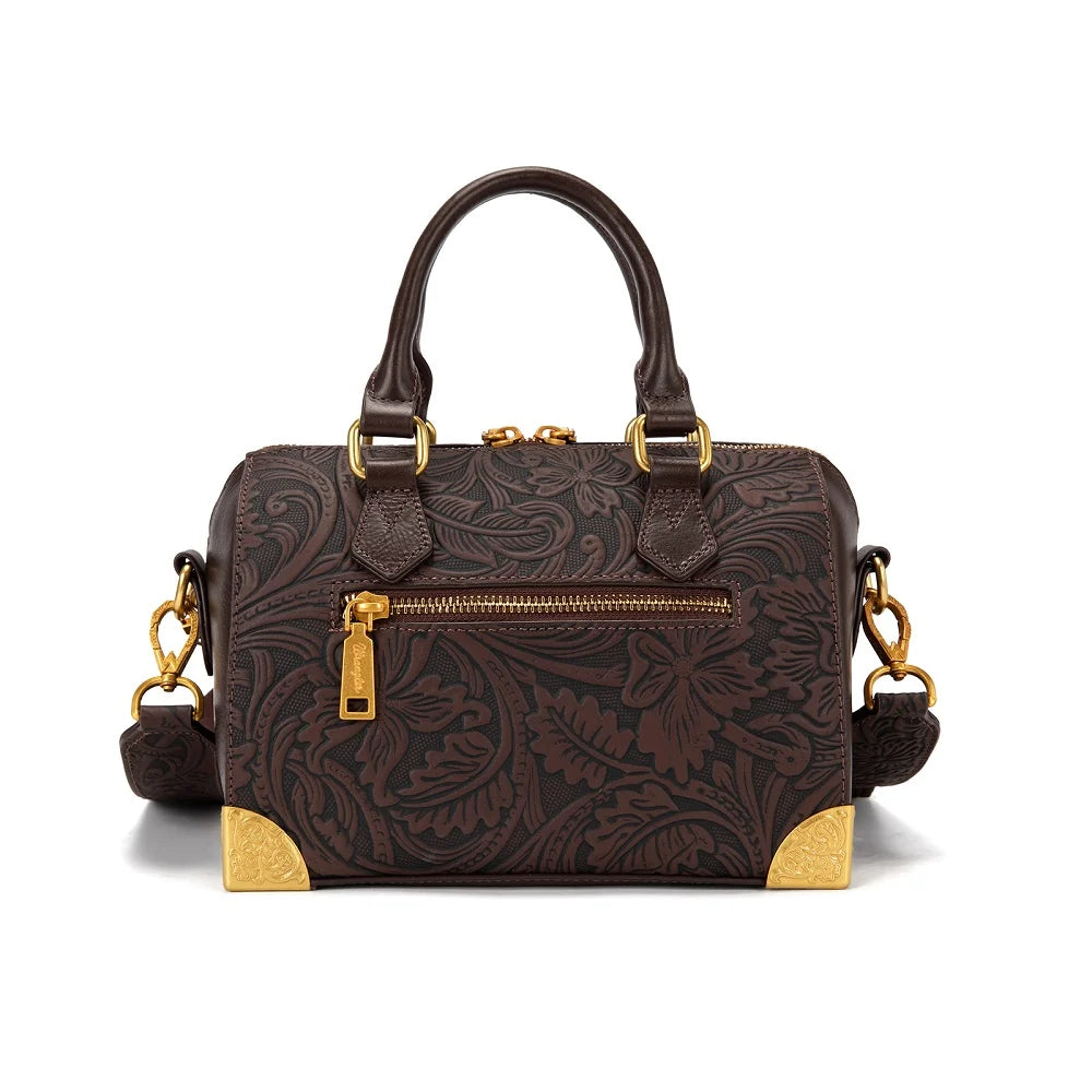 Sac Boston Wrangler en cuir floral repoussé – Café