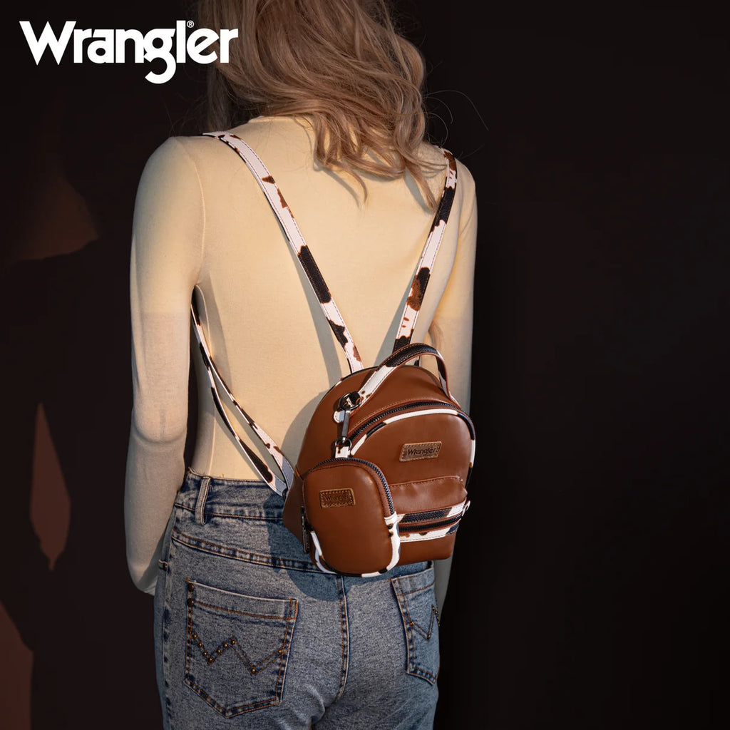 Mini sac à dos Wrangler imprimé vache avec porte-monnaie – Brun