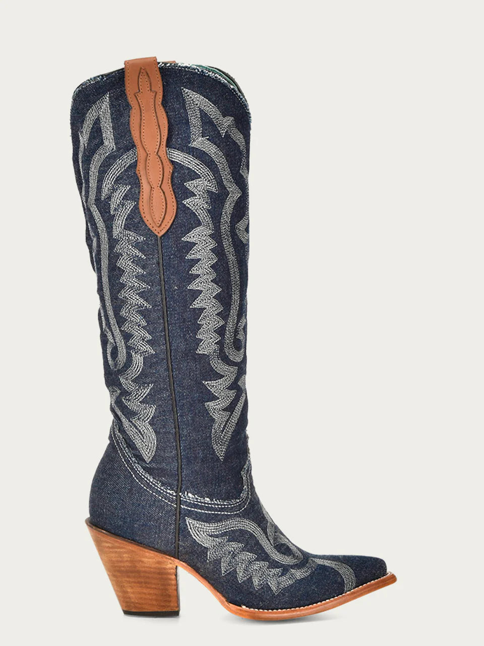 Bottes de cowboy en denim bleu à broderies blanches pour femme