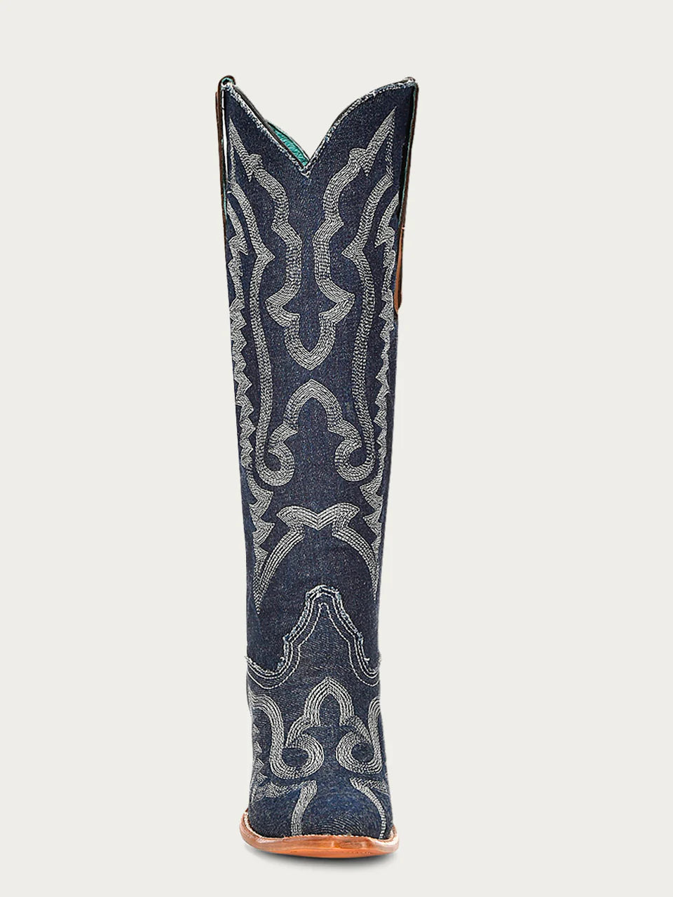 Women's blue denim cowboy boots with white embroidery