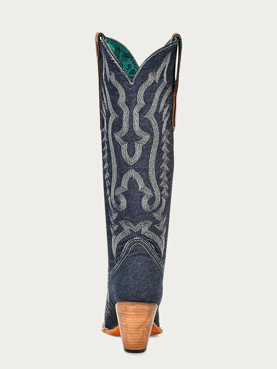 Women's blue denim cowboy boots with white embroidery