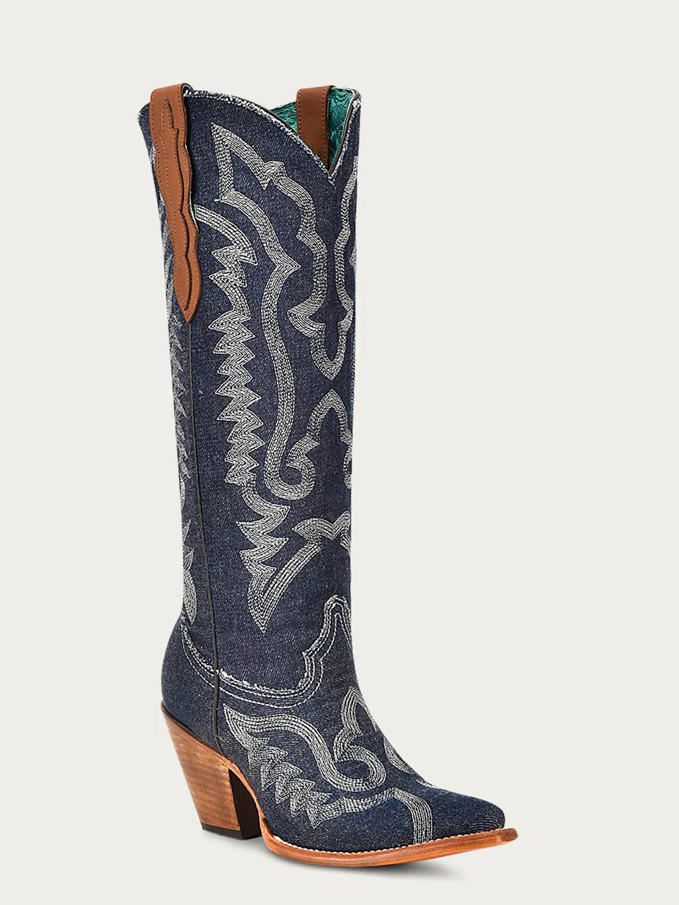 Women's blue denim cowboy boots with white embroidery