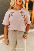 Chandail western brodée à ourlet brut – Rose