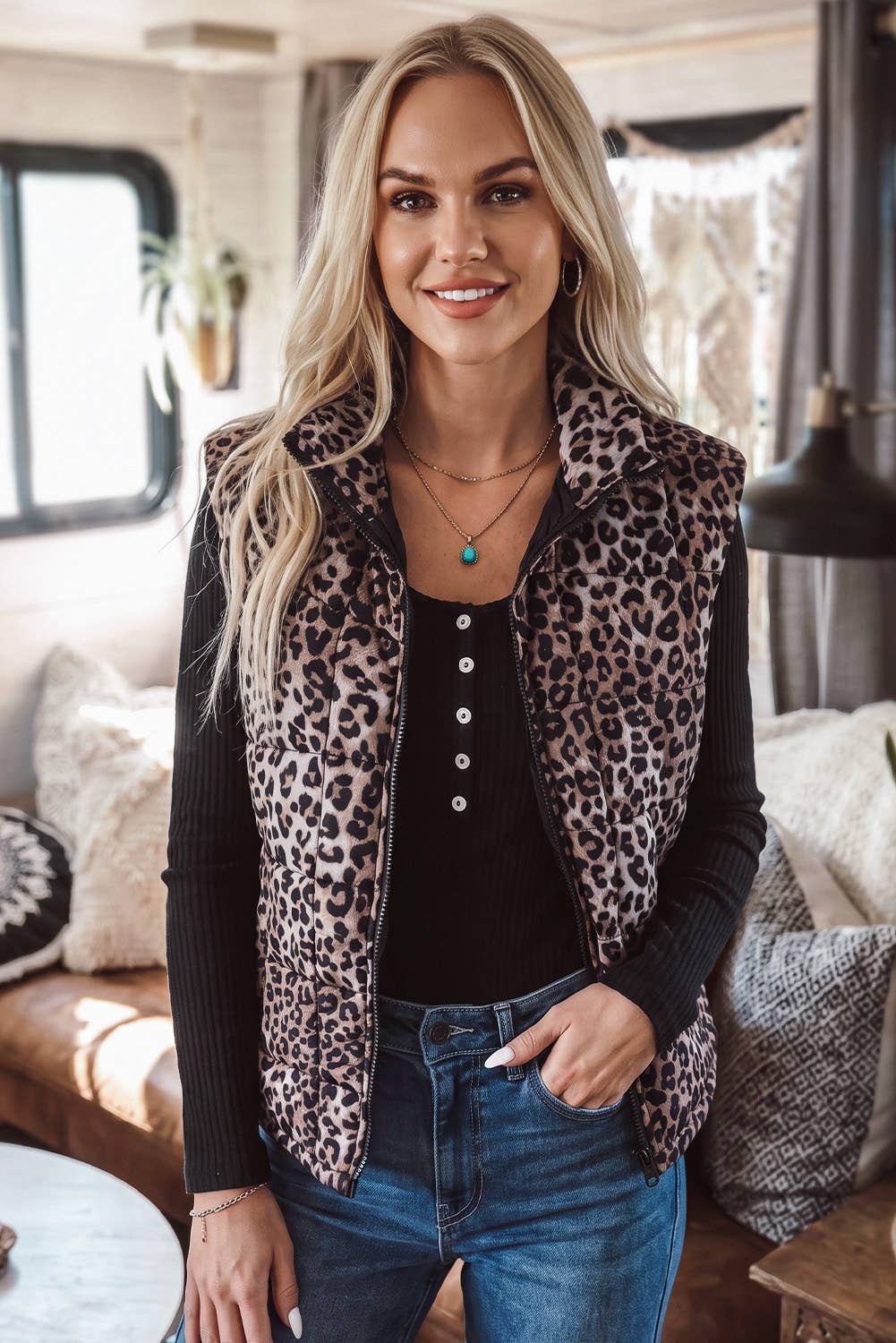 VESTE matelassé à fermeture éclair complète décontracté Western Leopard