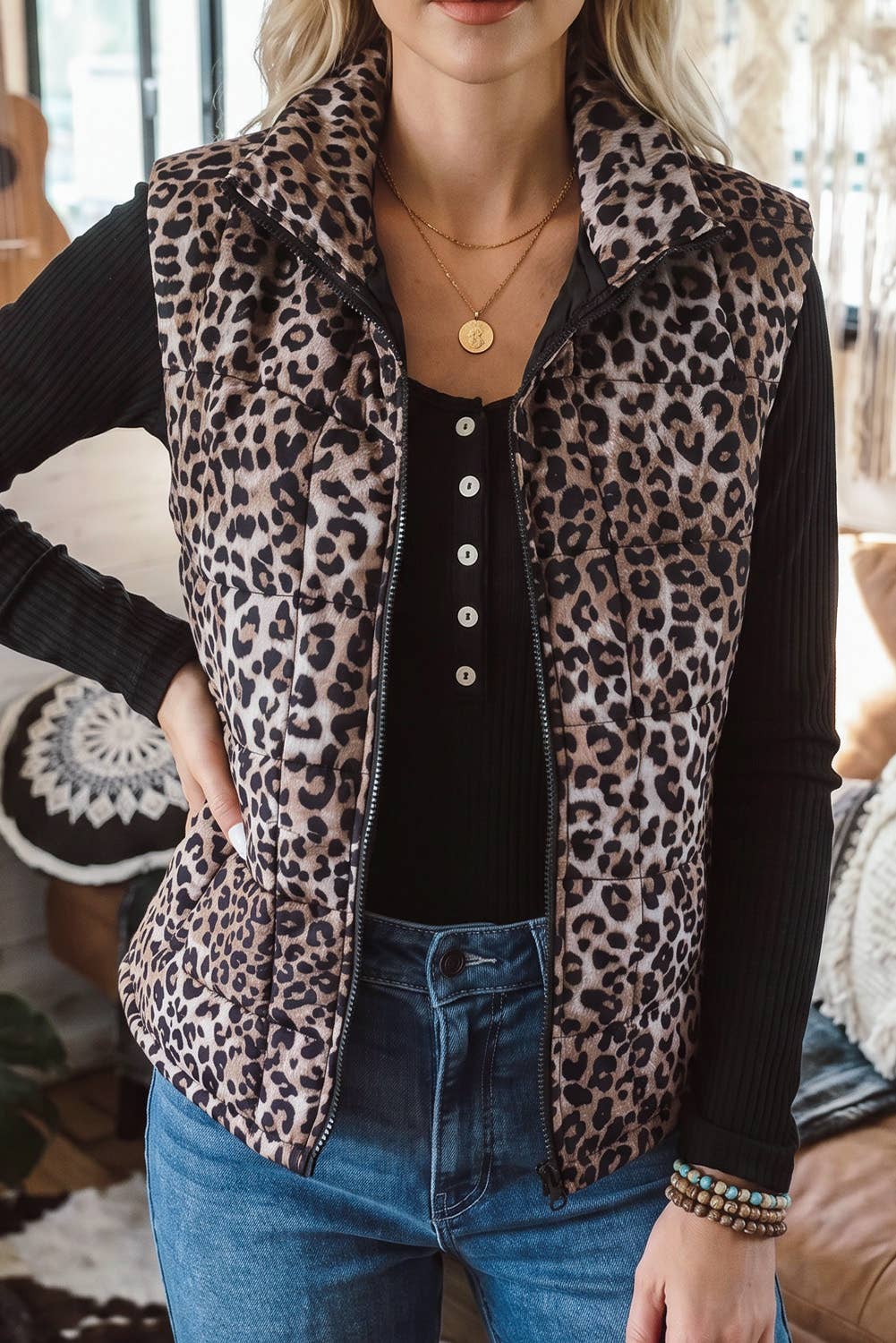 VESTE matelassé à fermeture éclair complète décontracté Western Leopard