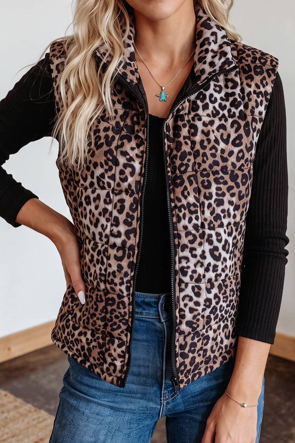 VESTE matelassé à fermeture éclair complète décontracté Western Leopard