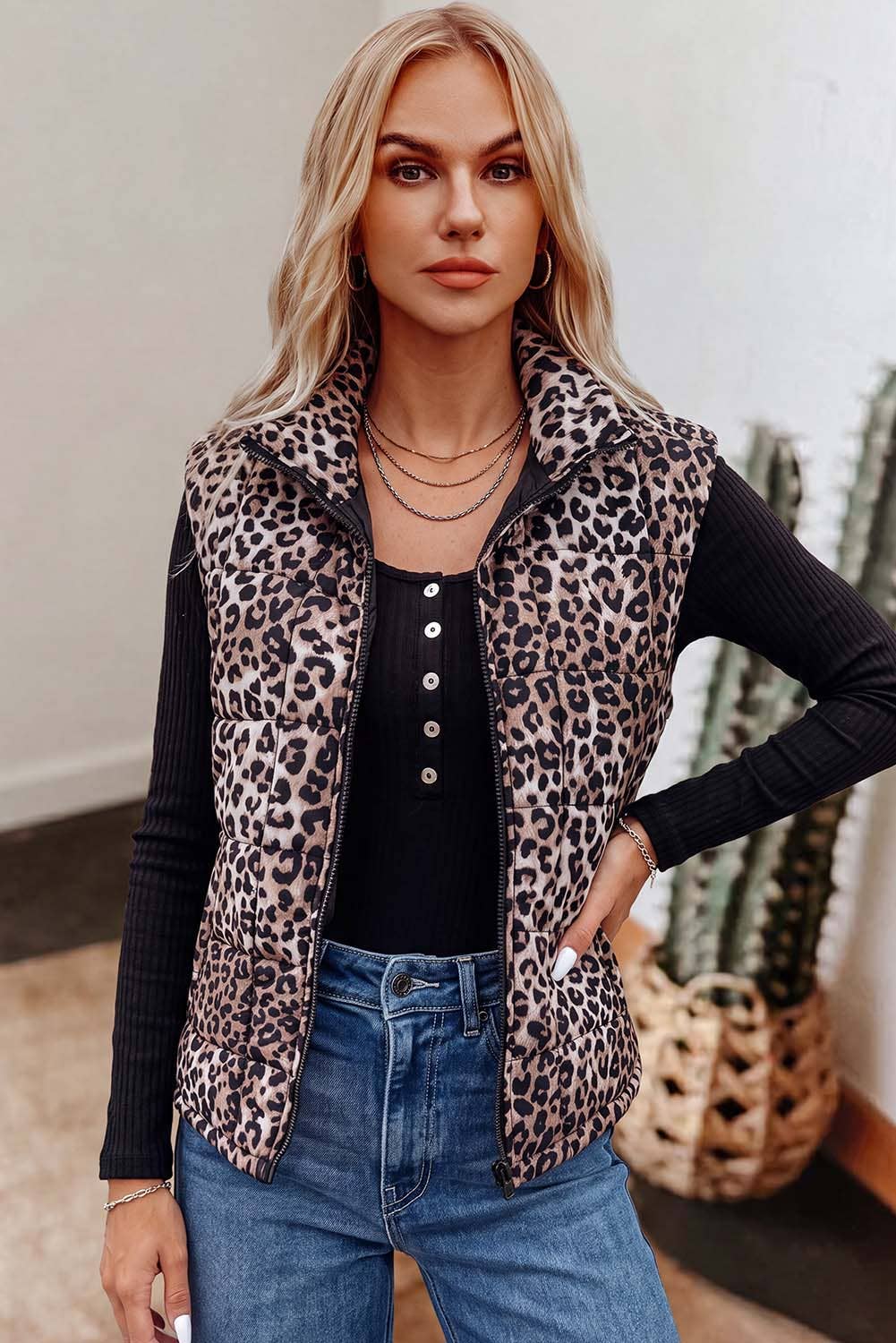 VESTE matelassé à fermeture éclair complète décontracté Western Leopard