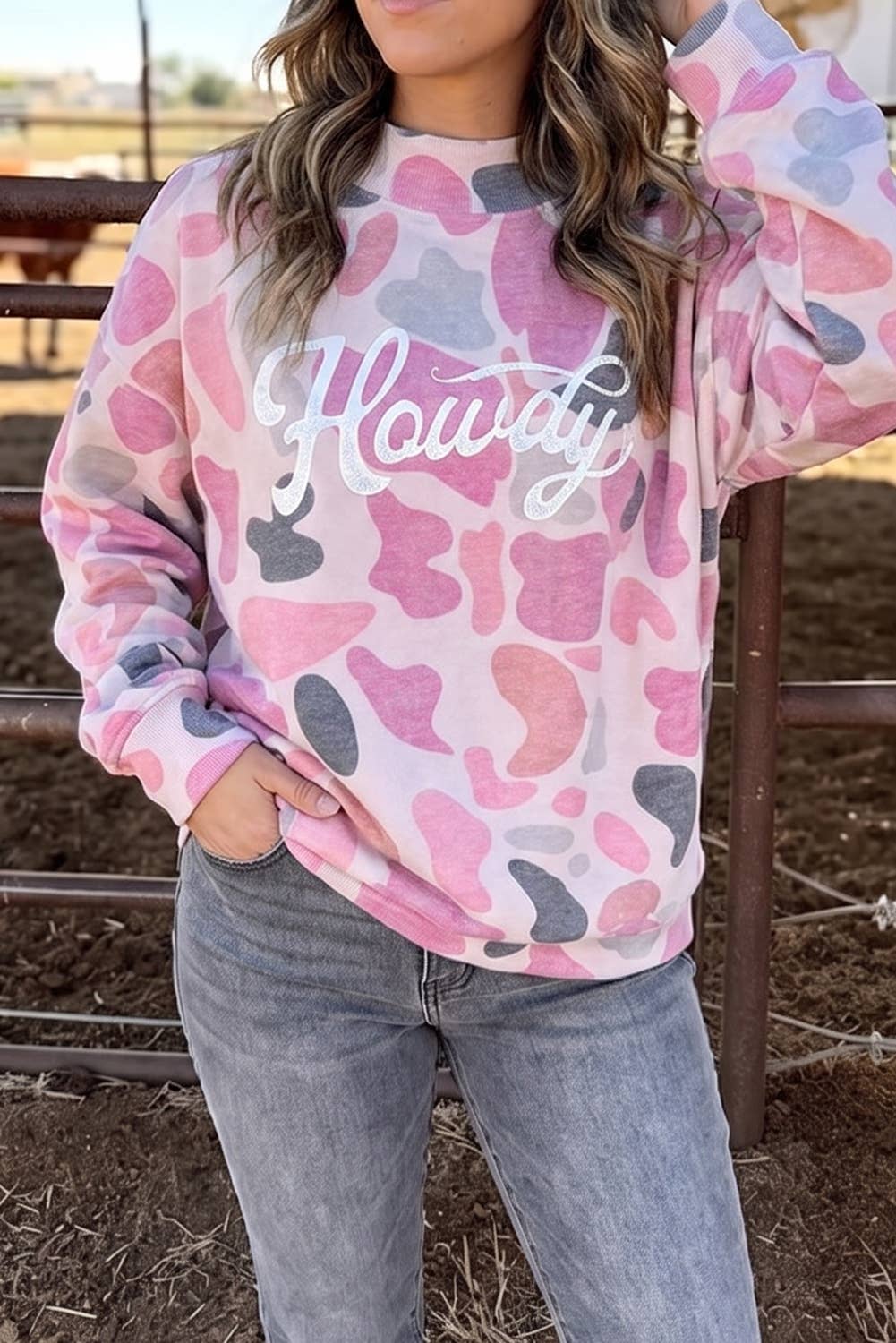 Sweat à col montant imprimé camouflage « Howdy Western », coupe ample: Rose / L