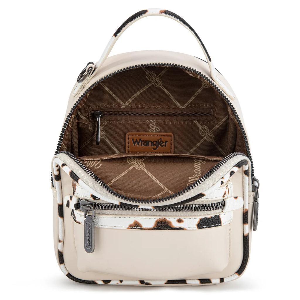 Mini sac à dos Wrangler imprimé vache avec porte-monnaie – Tan