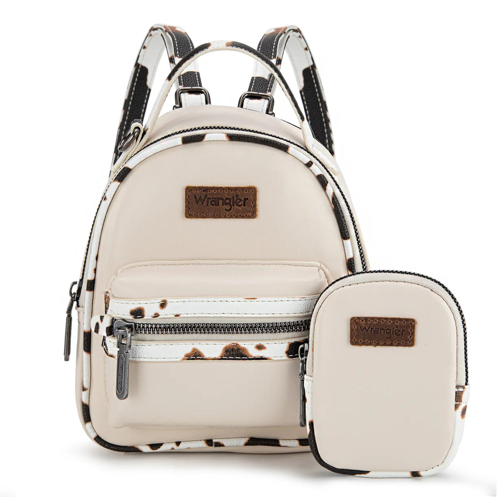 Mini sac à dos Wrangler imprimé vache avec porte-monnaie – Tan